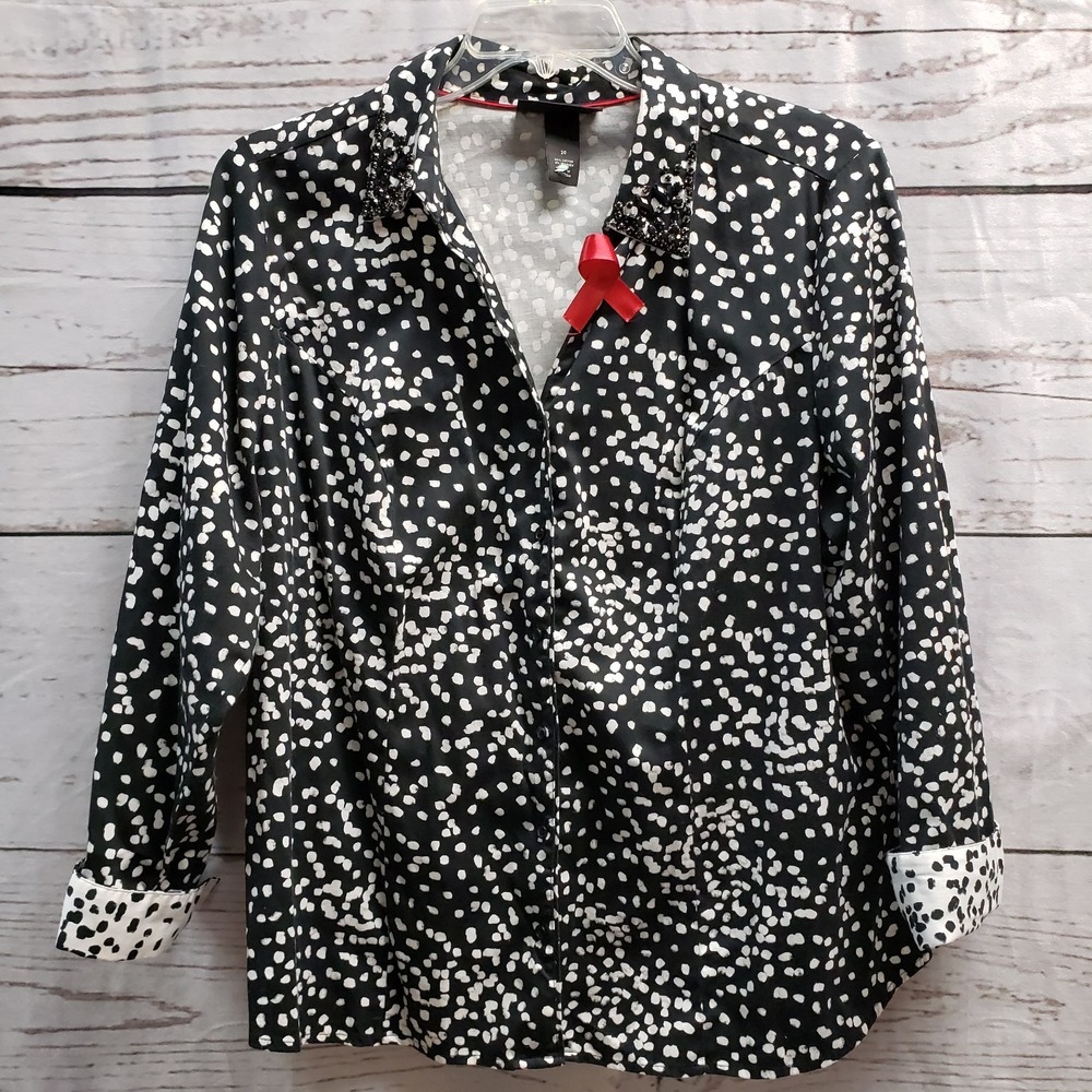Lane Bryant Beaded Top Womens Sz 20 Black & White Blouse Long Sleeves Rhinestone